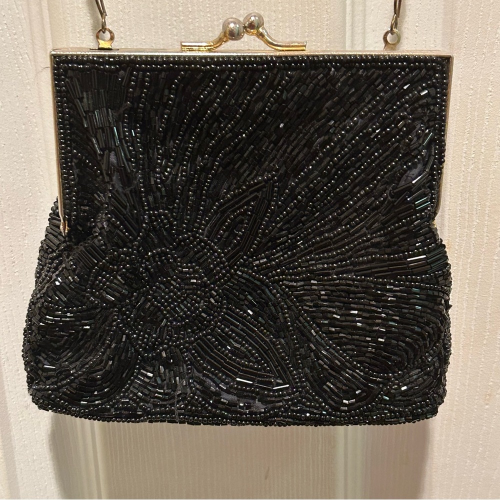 Women’s Vintage Black Beaded Clutch Shoulder Bag Purse Formal Elegant Party - Picture 10 of 10